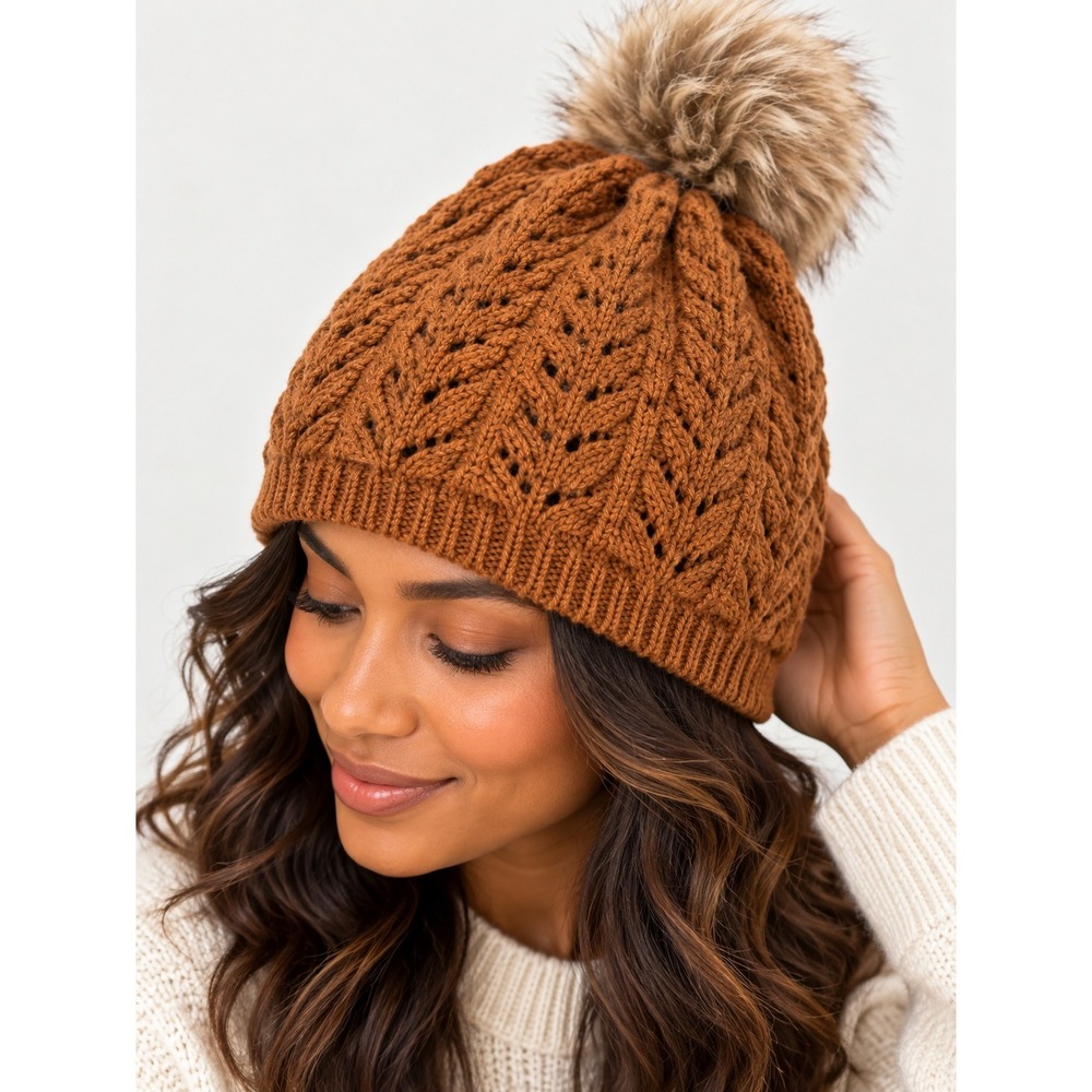 Brown Cable Knit Pom Pom Beanie Womens Faux Fur Pom Pom Cozy Winter Hat OSFM